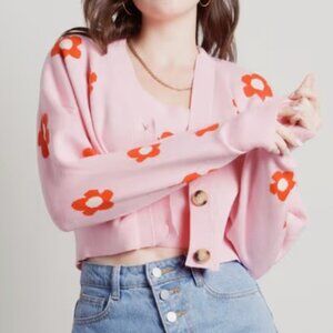 Paint By Flowers Floral Print Cardigan in Strawberry Pink
